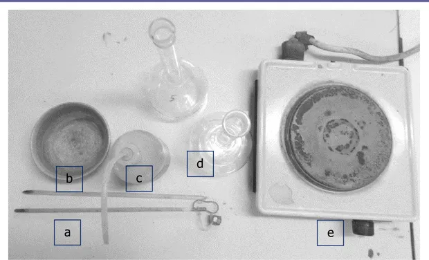 Gambar 2.1 Peralatan praktikum specific gravity: a) Termometer; b) Can; c) Alat  penyemprot; d) Pycnometer; e) Kompor listrik 