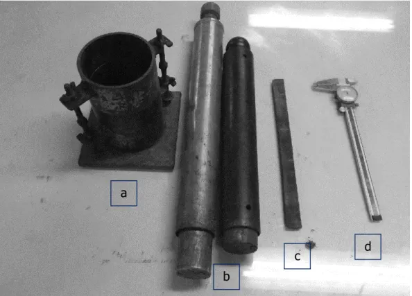 Gambar 5.1 Peralatan praktikum compaction: a) Mould (lengkap); b) Hammer; c) Pelat  besi/penggaris; d) Jangka sorong 