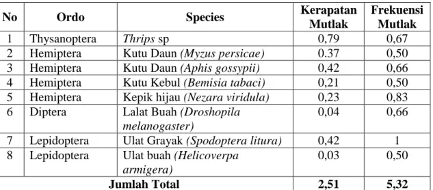 Tabel  4.3  Tabel  Rekapitulasi  Perhitungan  Kerapatan  mutlak  dan  Frekuensi  mutlak  Hama  Serangga 