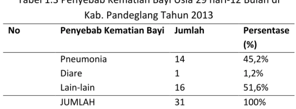 Tabel 1.3 Penyebab Kematian Bayi Usia 29 hari-12 Bulan di  Kab. Pandeglang Tahun 2013 