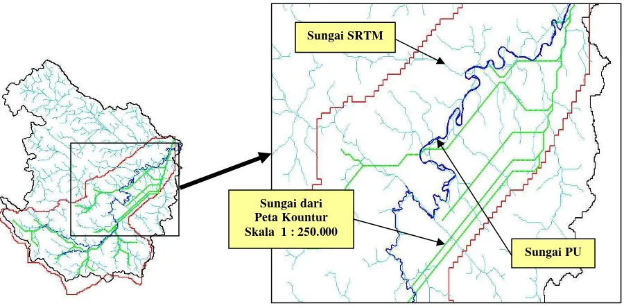 Gambar 10.  Tumpang Tindih Jaringan Sungai yang berasal dari Data Jaringan Sungai PU, SRTM dan Peta Kontour Skala 1 : 250.000 