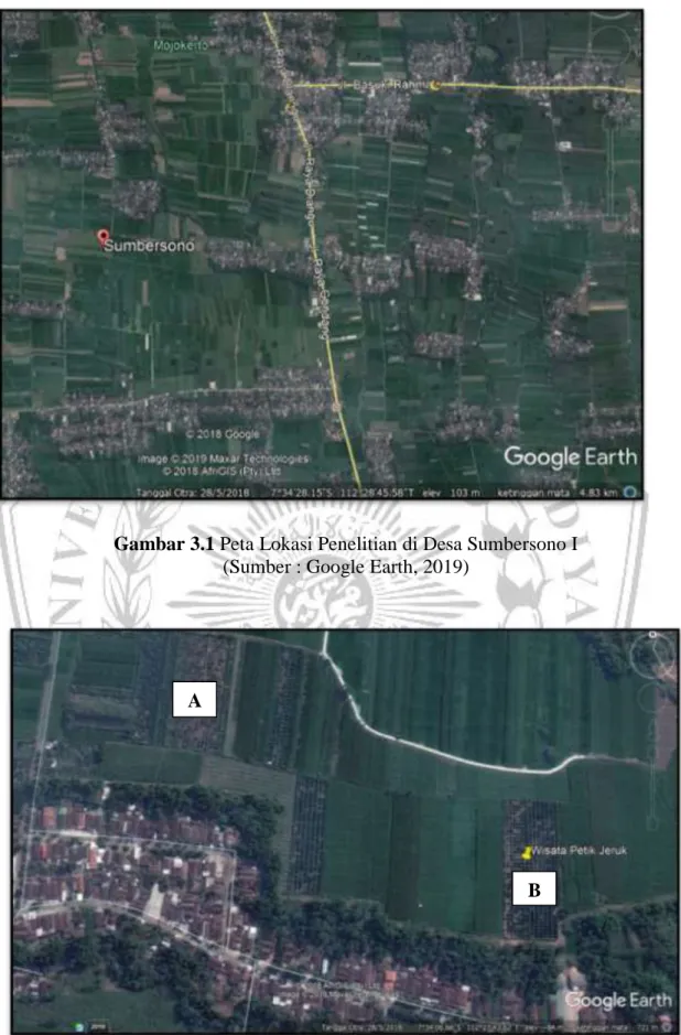 Gambar 3.1 Peta Lokasi Penelitian di Desa Sumbersono I  (Sumber : Google Earth, 2019) 