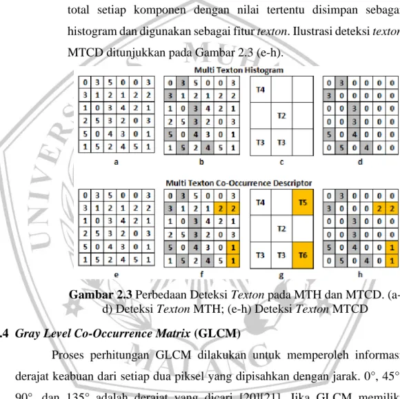 Gambar 2.3 Perbedaan Deteksi Texton pada MTH dan MTCD. (a- (a-d) Deteksi Texton MTH; (e-h) Deteksi Texton MTCD  2.4  Gray Level Co-Occurrence Matrix (GLCM) 