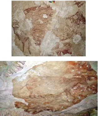Foto No.4. Kondisi lukisan dinding gua pada Gua Sakapao  (kiri) dan Uhallie (kanan)
