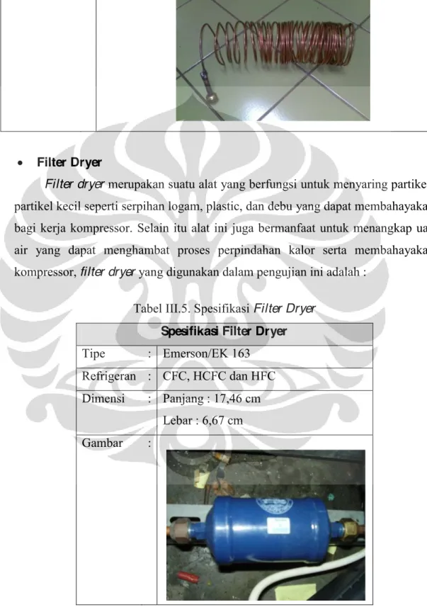 Tabel III.5. Spesifikasi Filter Dryer  Spesifikasi Filter Dryer  Tipe  :  Emerson/EK 163  Refrigeran  :  CFC, HCFC dan HFC  Dimensi  :  Panjang : 17,46 cm   Lebar : 6,67 cm  Gambar  :      