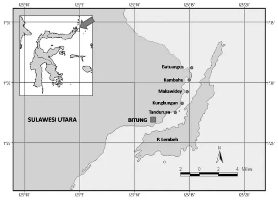 Gambar 1. Peta lokasi penelitian di pesisir barat Selat Lembeh, Kota Bitung