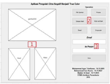 Gambar 4.  Rancangan tampilan aplikasi pengolahan citra negatif menjadi citra true color