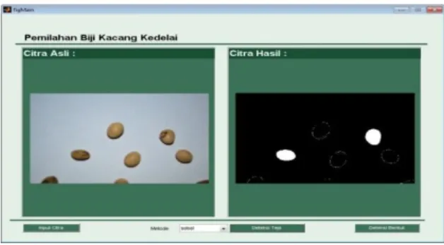 Gambar  13  merupakan  gambar  tampilan  ketika  bentuk  dari  citra  kacang  kedelai  yang  tampak, sesuai dengan parameter bentuk yang telah ditentukan