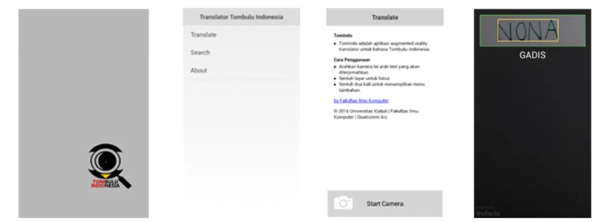 Figur 7. Tampilan Splash dan Melakukan Pendeteksian Text  4.1.2. Translasi teks dengan pencarian 
