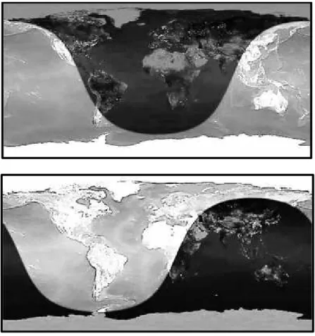 Gambar 1.6. Area dipermukaan bumi yang mendapat sinar matahari di bulan Desember (atas) dan bulan Juni (bawah)