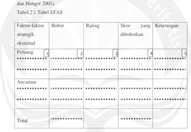 Tabel  EFAS  berfungsi  untuk  membantu  manajer  untuk  mengorganisir  faktor- faktor-faktor  strategik eksternal ke dalam kategori-kategori yang diterima secara umum  mengenai  peluang  dan  ancaman