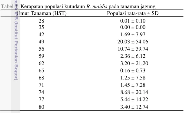 Tabel 1  Kerapatan populasi kutudaun R. maidis pada tanaman jagung  Umur Tanaman (HST)  Populasi rata-rata ± SD 