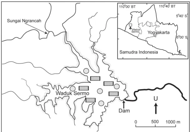 Gambar 1. Lokasi penebaran yuwana (tanda lingkaran) dan stasiun sampling ikan bandeng (tanda kotak  persegi) di Waduk Sermo 