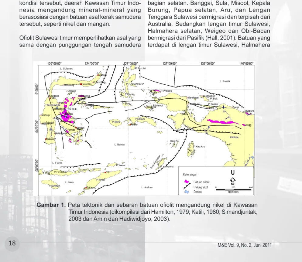 Gambar 1. Peta tektonik dan sebaran batuan ofiolit mengandung nikel di Kawasan Timur Indonesia (dikompilasi dari Hamilton, 1979; Katili, 1980; Simandjuntak, 2003 dan Amin dan Hadiwidjoyo, 2003).