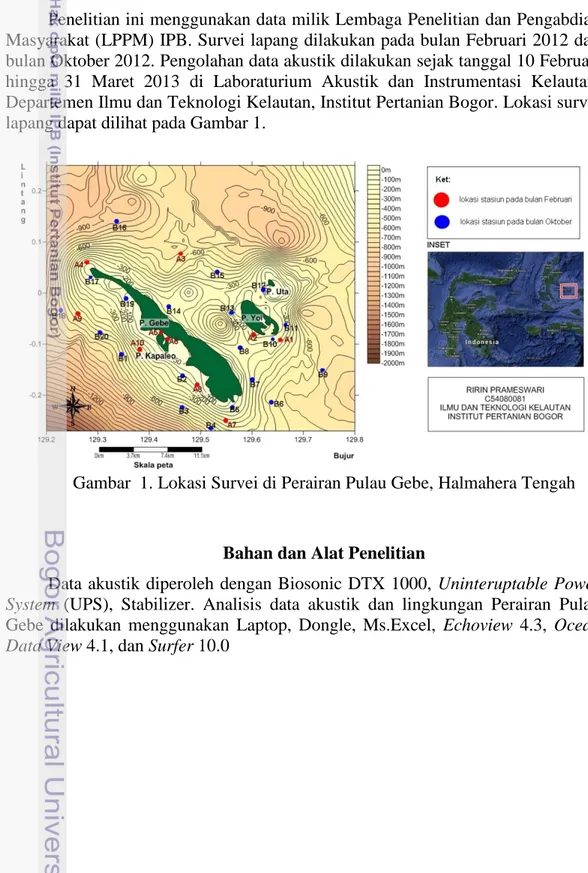 Gambar  1. Lokasi Survei di Perairan Pulau Gebe, Halmahera Tengah 