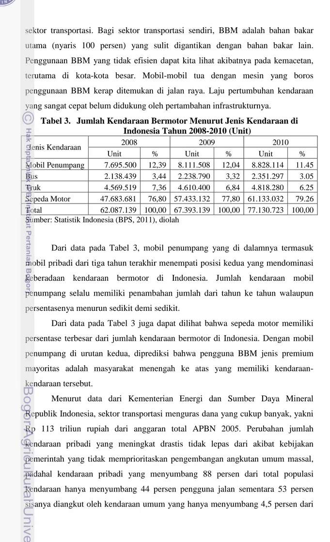 Tabel 3.  Jumlah Kendaraan Bermotor Menurut Jenis Kendaraan di  Indonesia Tahun 2008-2010 (Unit) 