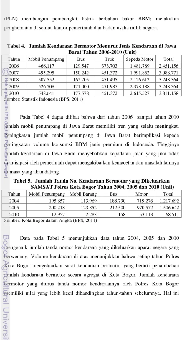 Tabel 4.  Jumlah Kendaraan Bermotor Menurut Jenis Kendaraan di Jawa  Barat Tahun 2006-2010 (Unit) 