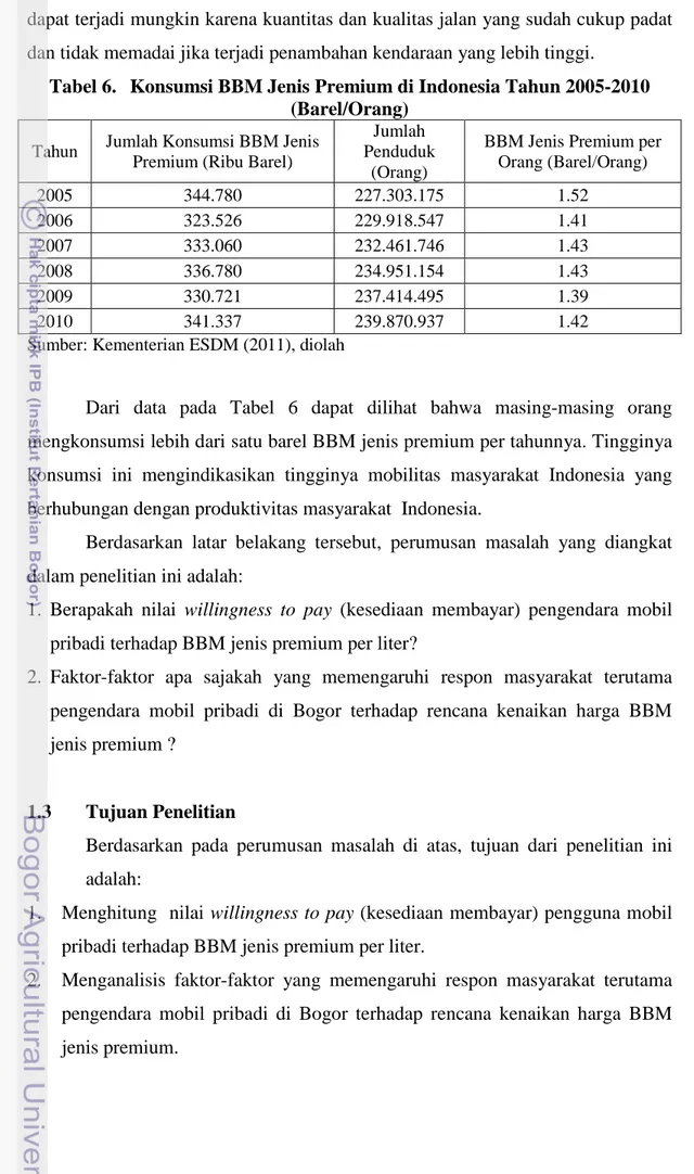 Tabel 6.  Konsumsi BBM Jenis Premium di Indonesia Tahun 2005-2010  (Barel/Orang) 