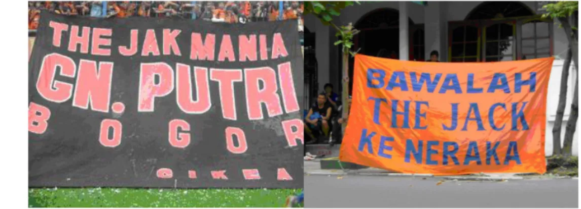 Gambar 12.1. Sebelah kiri adalah poster  para pendukung salah satu tim kesebelasan sepak  bola Jakarta, sedangkan sebelah kanan poster lawan