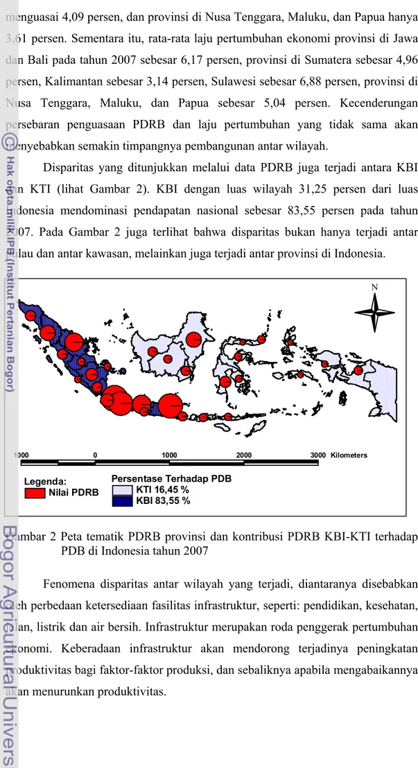 Gambar 2 Peta tematik PDRB provinsi dan kontribusi PDRB KBI-KTI terhadap   PDB di Indonesia tahun 2007 