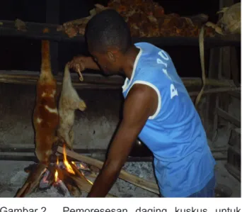 Gambar 2.    Pemoresesan daging kuskus untuk  dikonsumsi sebagai penunjang protein  hewani keluarga di Napan, Nabire.