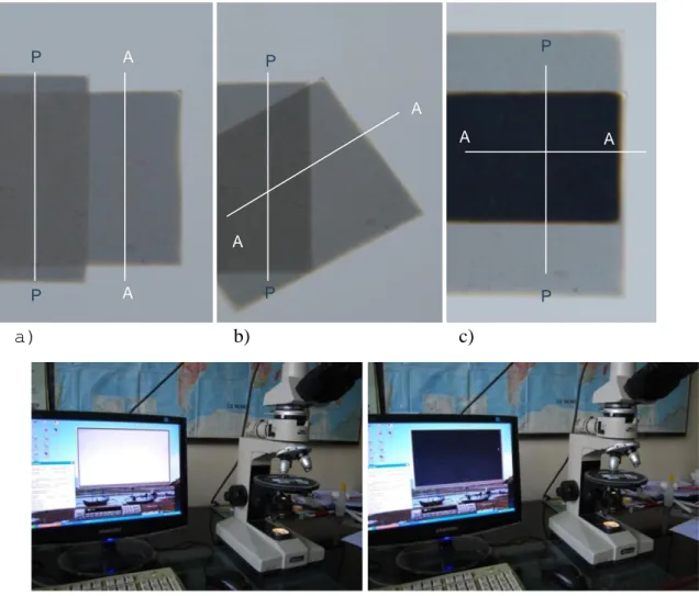 Gambar  1.13.  Gambar  atas  kenampakan  dua  lembar  lensa  polaroid  yang  memperlihatkan  posisi  dari  kiri  ke  kanan  a)  saling  sejajar,  b)  saling  membentuk  sudut  miring,  c)  saling  tegak  lurus