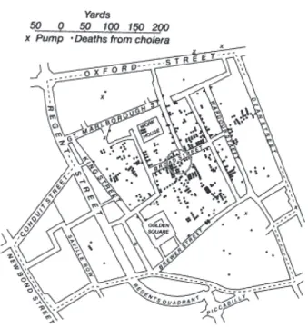 Gambar 3. Peta Kejadian Kolera di London yang menunjukkan adanya cluster  penyakit yang mendasari teori komunikasi penyakit menular dan penularan 