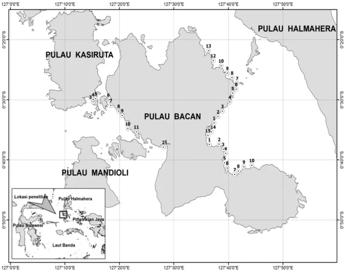 Gambar 1.  Lokasi dan stasiun pengamatan di perairan Pulau Bacan, Halmahera Selatan. 