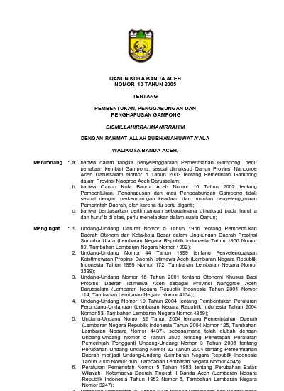 QANUN KOTA BANDA ACEH NOMOR 10 TAHUN 2005 TENTANG PEMBENTUKAN ...