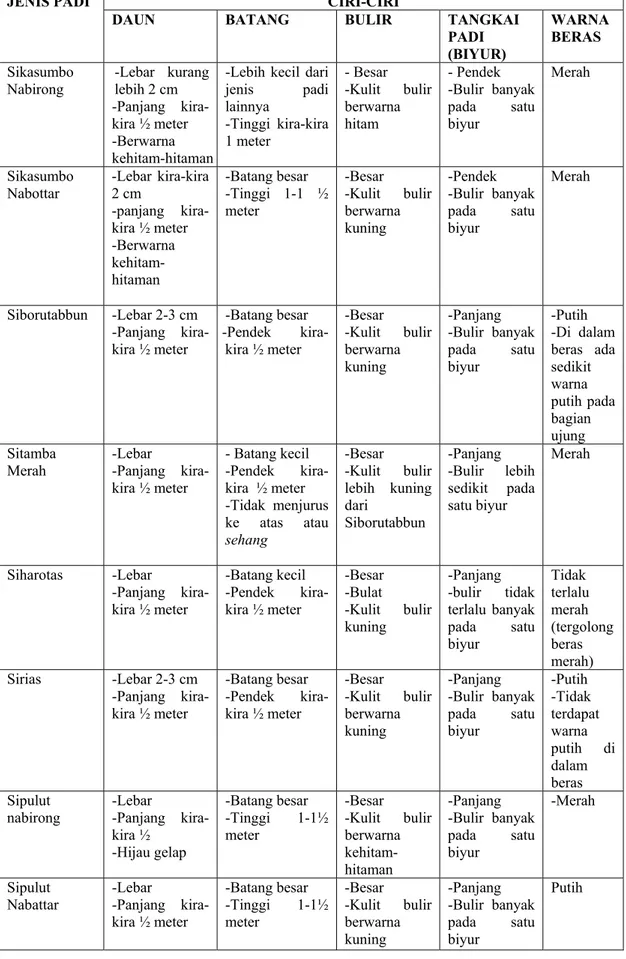 Tabel 2.2. Jenis padi yang masih di pertahankan di Pangaribuan 