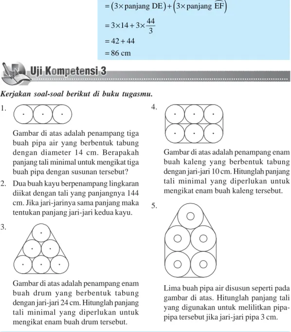Gambar di atas adalah penampang tiga buah pipa air yang berbentuk tabung dengan diameter 14 cm
