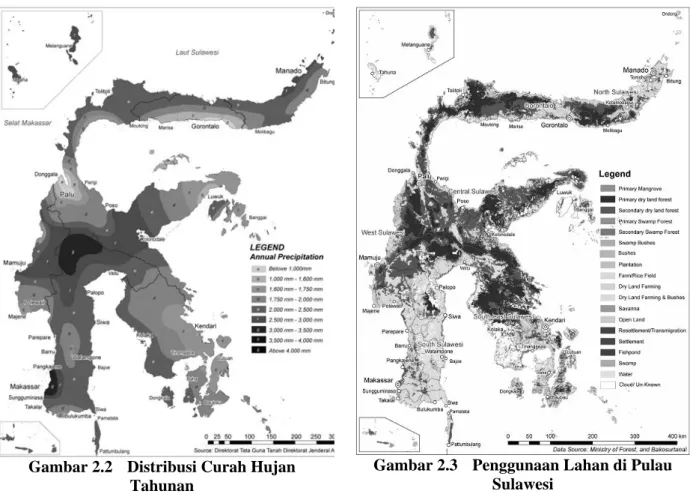 Gambar 2.3 menunjukkan pola penggunaan lahan di Pulau Sulawesi. Sekitar 53% lahan di Pulau  Sulawesi adalah daerah hutan