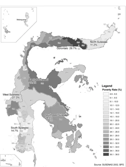 Gambar 2.5 menunjukkan rasio  kemiskinan di Sulawesi Tengah,  Gorontalo, bagian selatan  Sulawesi Barat, dan Sulawesi  Tenggara lebih tinggi dari daerah  lainnya