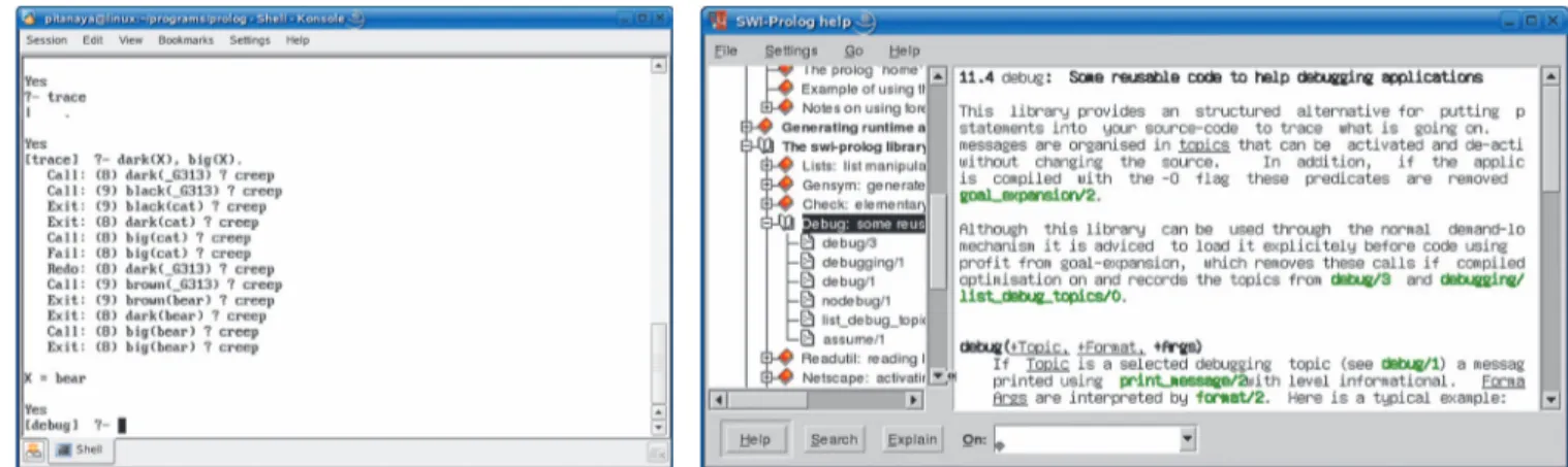 Gambar 4. Kompilasi program Prolog dan contoh eksekusi. Gambar 5. Tracing/Debugging program.