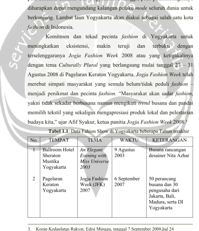 Tabel 1.1: Data Fahion Show di Yogyakarta beberapa Tahun terakhir 