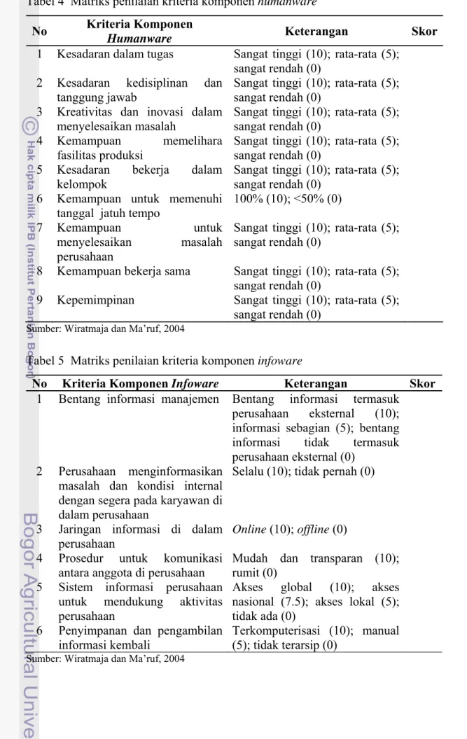 Tabel 5  Matriks penilaian kriteria komponen infoware