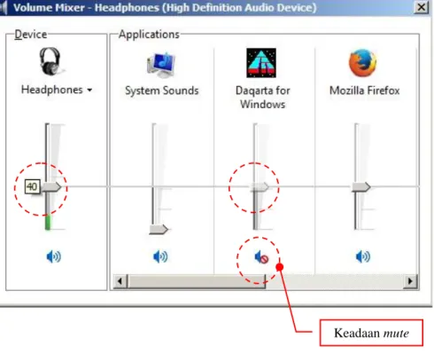 Gambar 3.4. Posisi slider yang sama pada headphone dan Daqarta pada system tray  Windows