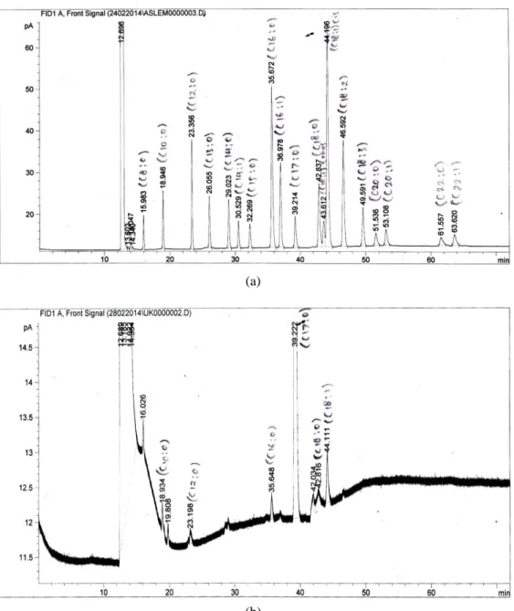 Gambar 8. Kromatogram asam lemak standar (a), kromatogram asam lemak dari sampel   minyak Thalassiosira sp.(b) 