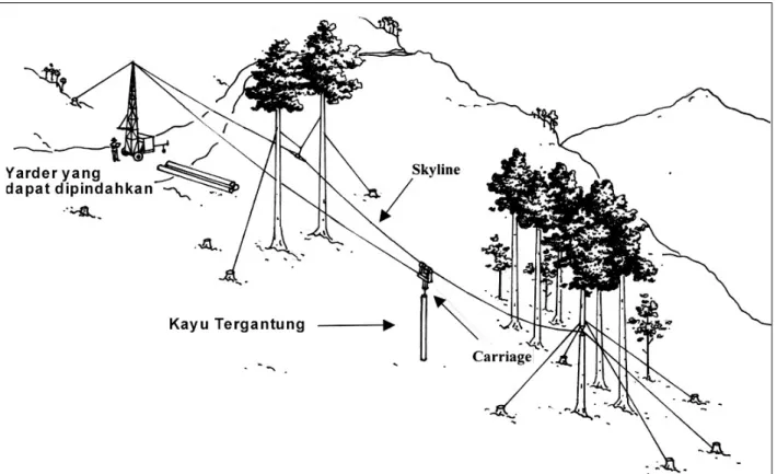 Gambar 3.   Contoh skyline dengan kayu bergantung seluruhnya (Sumber: Aulerich 1995).