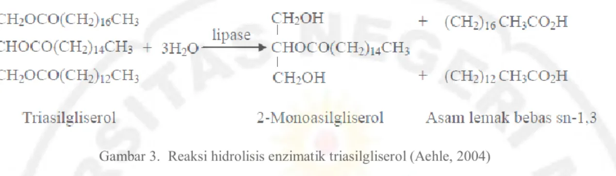 Gambar 3.  Reaksi hidrolisis enzimatik triasilgliserol (Aehle, 2004) 