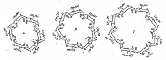 Gambar 2.   Struktur molekul á-siklodekstrin (a), ß-siklodekstrin (b), dan         ã–siklodekstrin (c) (Komiyama, 1984)