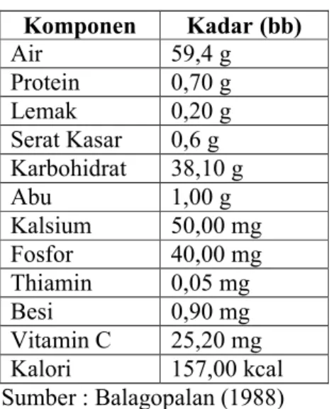 Tabel 2. Komposisi singkong                 (per 100 g bahan)  Komponen  Kadar (bb)  Air  59,4 g  Protein  0,70 g  Lemak  0,20 g  Serat Kasar  0,6 g  Karbohidrat  38,10 g  Abu  1,00 g  Kalsium  50,00 mg  Fosfor  40,00 mg  Thiamin  0,05 mg  Besi  0,90 mg  V