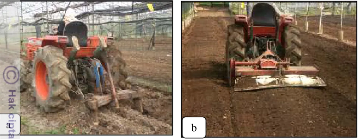 Gambar  5.  Pengolahan Lahan dengan Menggunakan Mobil Traktor.  Bajak   Singkal (a) dan  Rotari (b) 