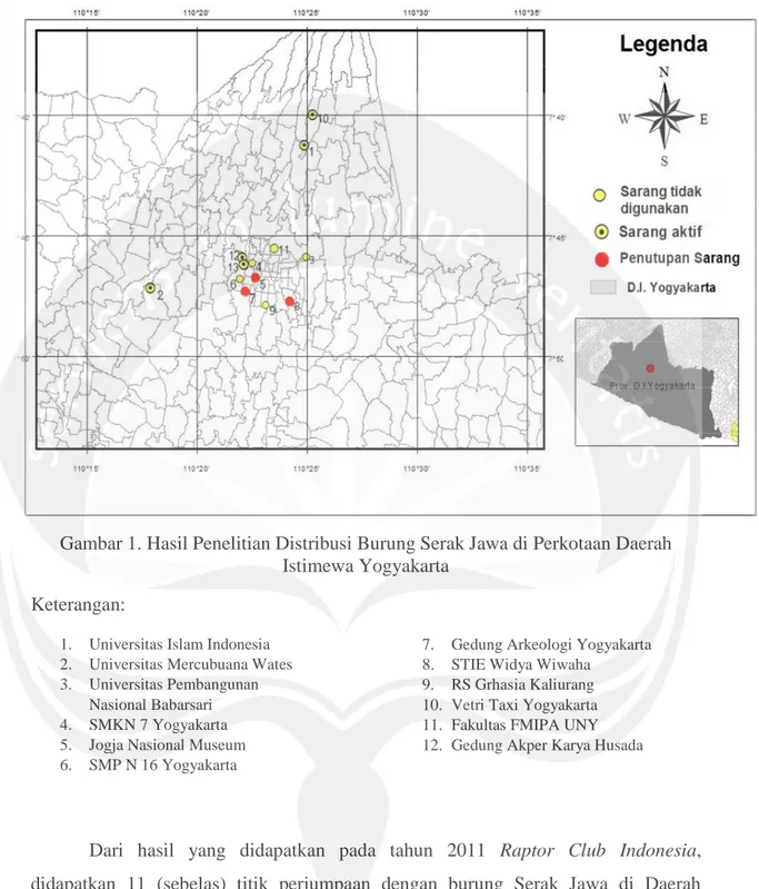 Gambar 1. Hasil Penelitian Distribusi Burung Serak Jawa di Perkotaan Daerah Istimewa Yogyakarta