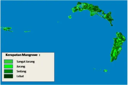 Gambar 6.  Peta  Sebaran  Kerapatan  Mangrove  di  Teluk  Jailolo  berdasarkan Klasifikasi Nilai  NDVI 