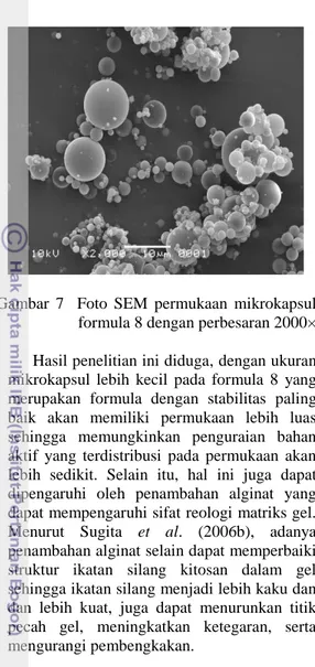 Gambar  7    Foto  SEM  permukaan  mikrokapsul  formula 8 dengan perbesaran 2000× 