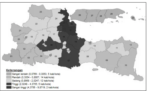 Gambar 3: Rata-Rata Efek Limpahan Pertumbuhan Kabupaten/Kota di Provinsi Jawa Timur Sumber: BPS RI dan BPS Provinsi Jawa Timur (berbagai tahun terbitan), diolah