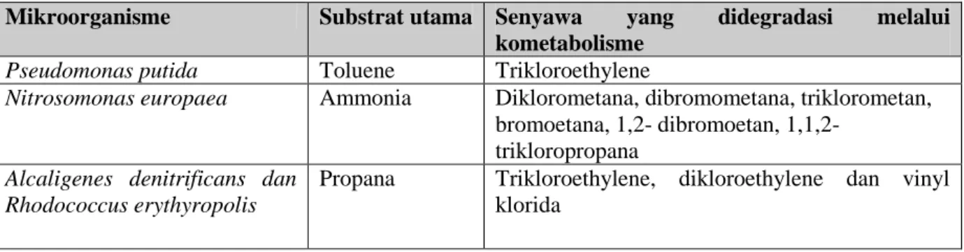 Tabel  2.5  Beberapa  contoh  mikroorganisme  yang  dapat  mendegradasi  senyawa  alifatik  terhalogenasi melalui kometabolisme ( Cookson, 1995 )