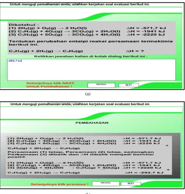 Gambar 2. Tampilan soal  interaktif pada materi termokimia (a)  Kolom jawaban  yang  tersedia  pada  soal  pembahasan  (b)  kolom  pembahasan  yang  muncul setelah diklik