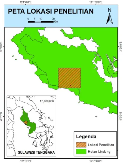 Gambar 1. Lokasi penelitian di Hutan Lindung Pegunungan Mekongga, Sulawesi Tenggara. Tanda arsir merah menunjukan lokasi  penelitian habitat Anoa 
